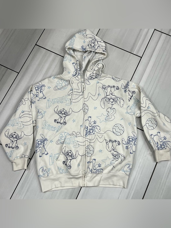 Disney Sweaters - Disney Stitch Zip Up Hoodie Womens Large Cream All Over Print Embroidered Space
